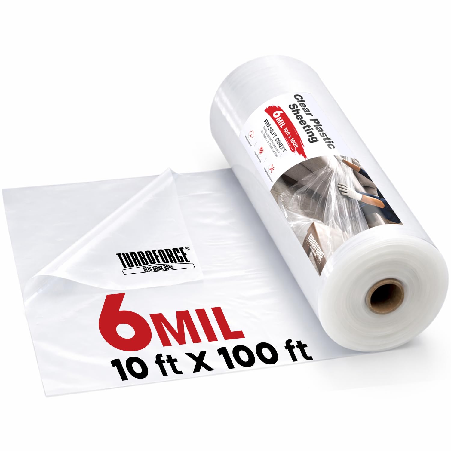 10' x 100' 6 Mil Heavy Duty Clear Plastic Sheeting, UV Resistant Tear-Proof for Greenhouse, Construction, Painting, Farm &amp; Floor Protection, Polyethylene Sheeting, Clear