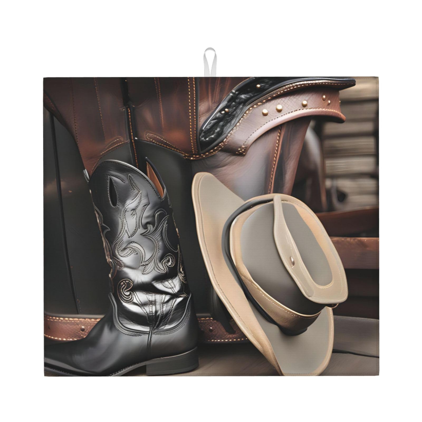 HJFCZH Cowboy Black Hat Western Boots Prints Kitchen Drying Mat – Absorbent Microfiber Throw for Dishes, Non-Slip Counter Cover, Quick-Drying Layer with Fade-Resistant Print