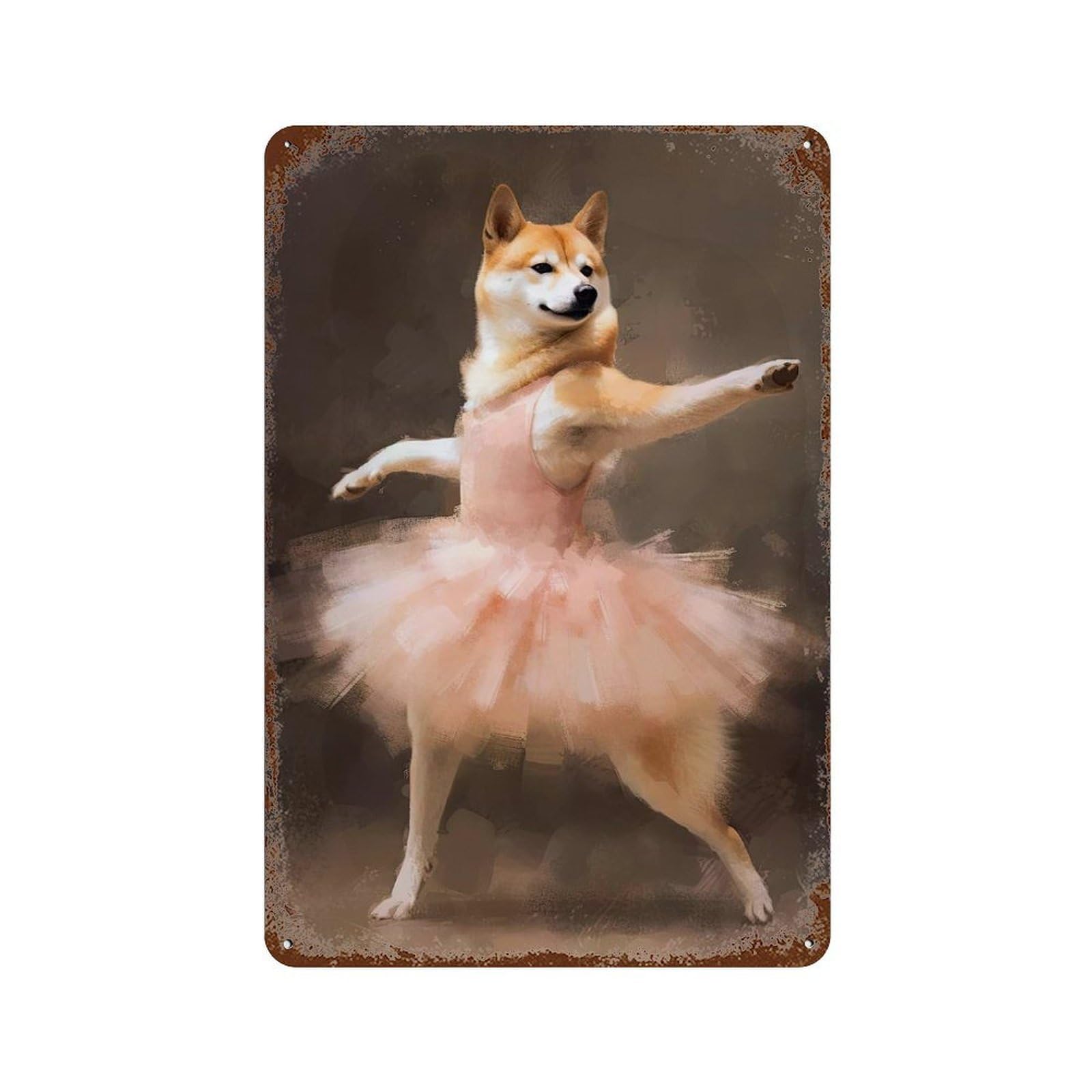 Rust Effect Tin Sign with Shiba Inu Ballerina Design 11.8"x7.9", for Pub, Kitchen And Man Cave Decor, Industrial Home Decor