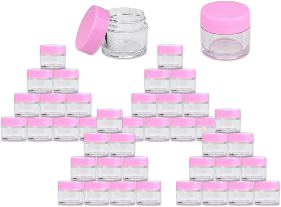 Beauticom® High-Graded Quality 7 Grams/7 ML (Quantity: 60 Packs) Thick Wall Clear Plastic LEAK-PROOF Jars Container with PINK Lids for Cosmetic, Lip Balm, Lip Gloss, Creams, Lotions, Liquids