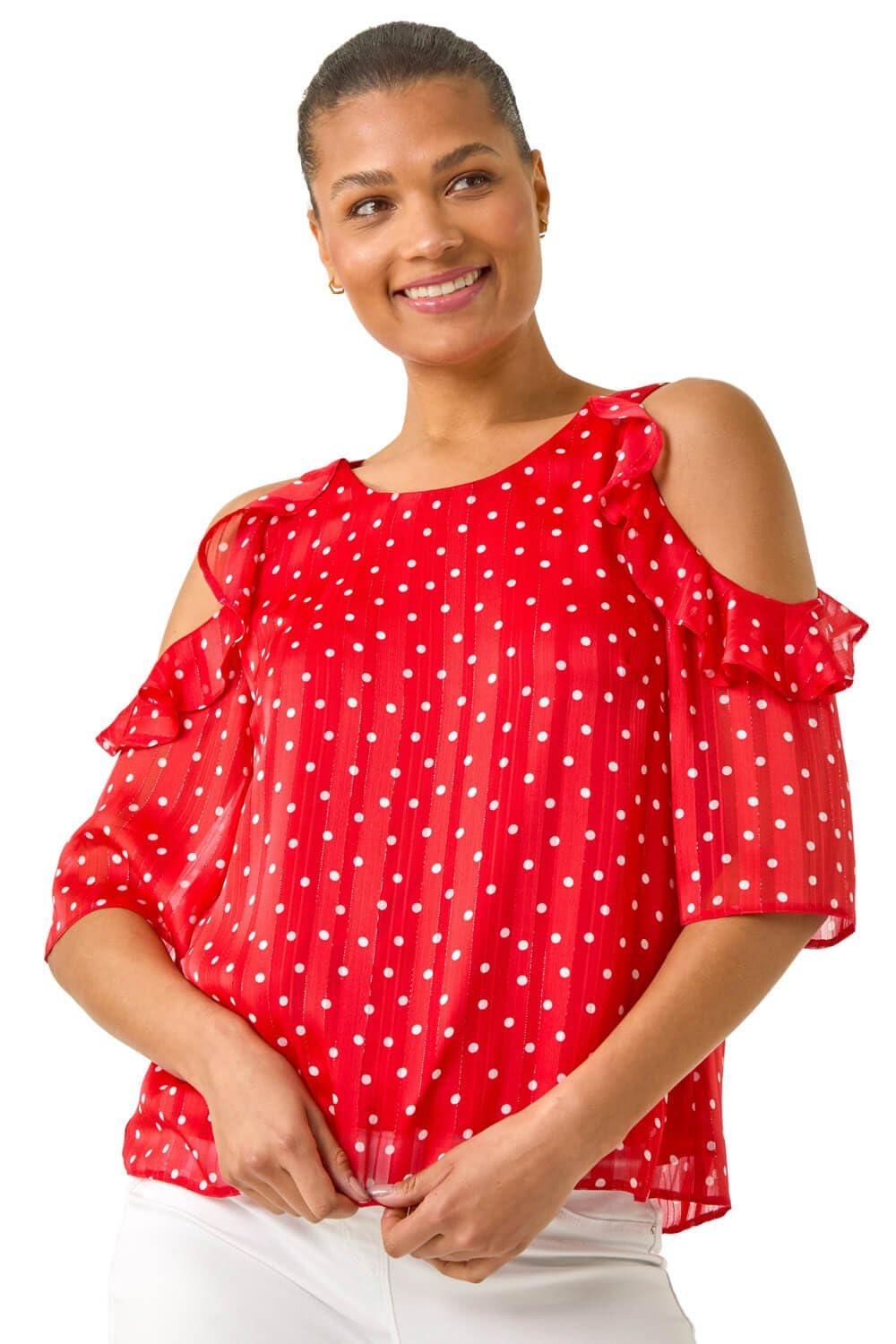 Roman Women's Spot Print Frill Cold Shoulder Top in Red | Size: 18