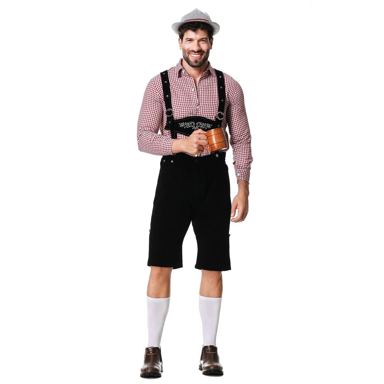 Lederhose Herren Oktoberfest Set, Lederhosen Herren Tracht, Traditionelle Kniebundhose Lang+ Trachtenhemd Männer Trachtenhose M.träger Kariertes Deutsches Bayerisches Oktoberfest-Kostüm Set Für Herren