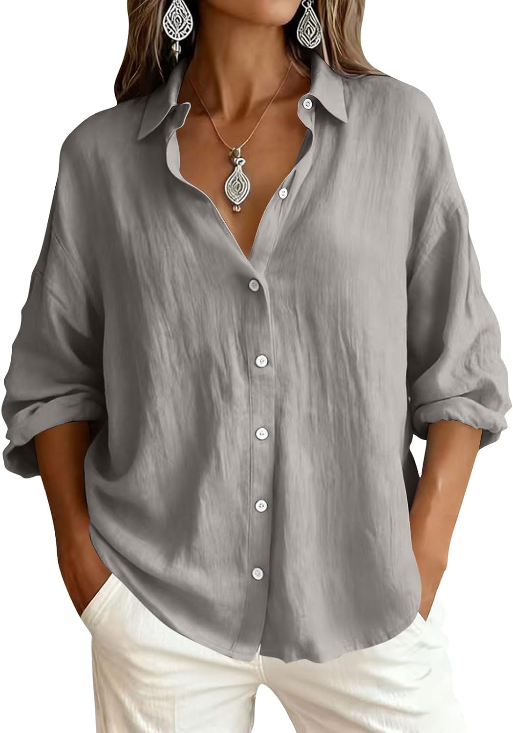 Linen Shirts for Women Long Length Sleeve Button Down Tee Shirts Spring Tops Casual Loose Fit Blouses