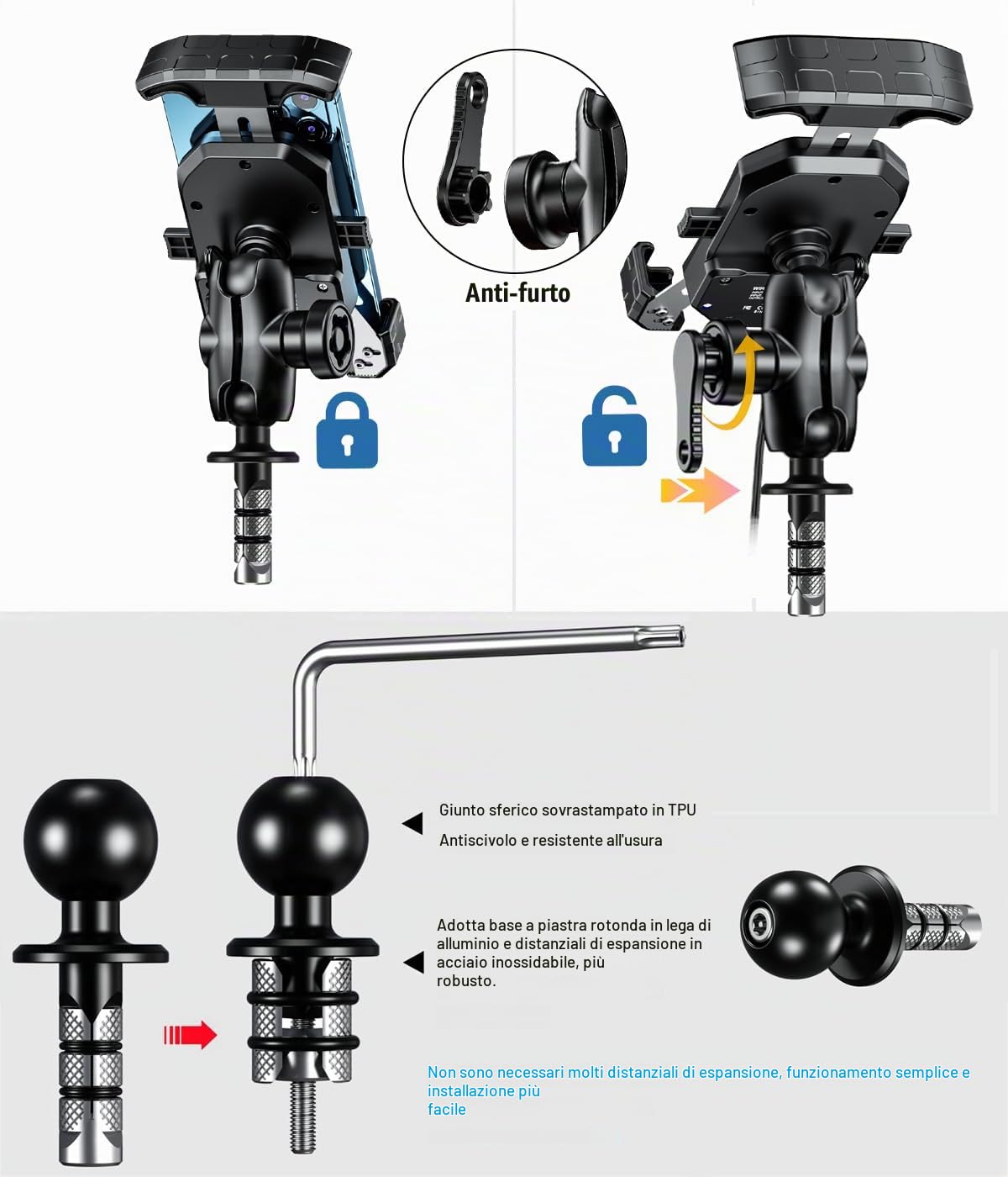 iMESTOU Moto Forcella Stelo Telefono Mount Senza Fili/USB C Caricabatterie con RAM 25mm Palla si Adatta per Ducati, Honda, BMW... con Fori Della Forcella Diametro 12-25,4mm per 4,0"-6,8" Telefoni