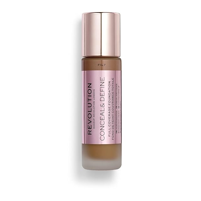 Makeup Revolution Conceal and Define Foundation Full Coverage Matte Finish F14 7 for Dark Skin Tones Vegan Cruelty-Free