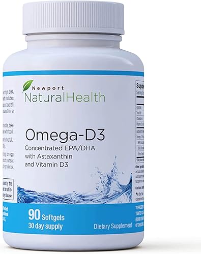 Omega-D3, EPA concentrado y DHA, astaxantina y vitamina D3 | Proporción superior de DHA y EPA para la salud del corazón, el cerebro, las