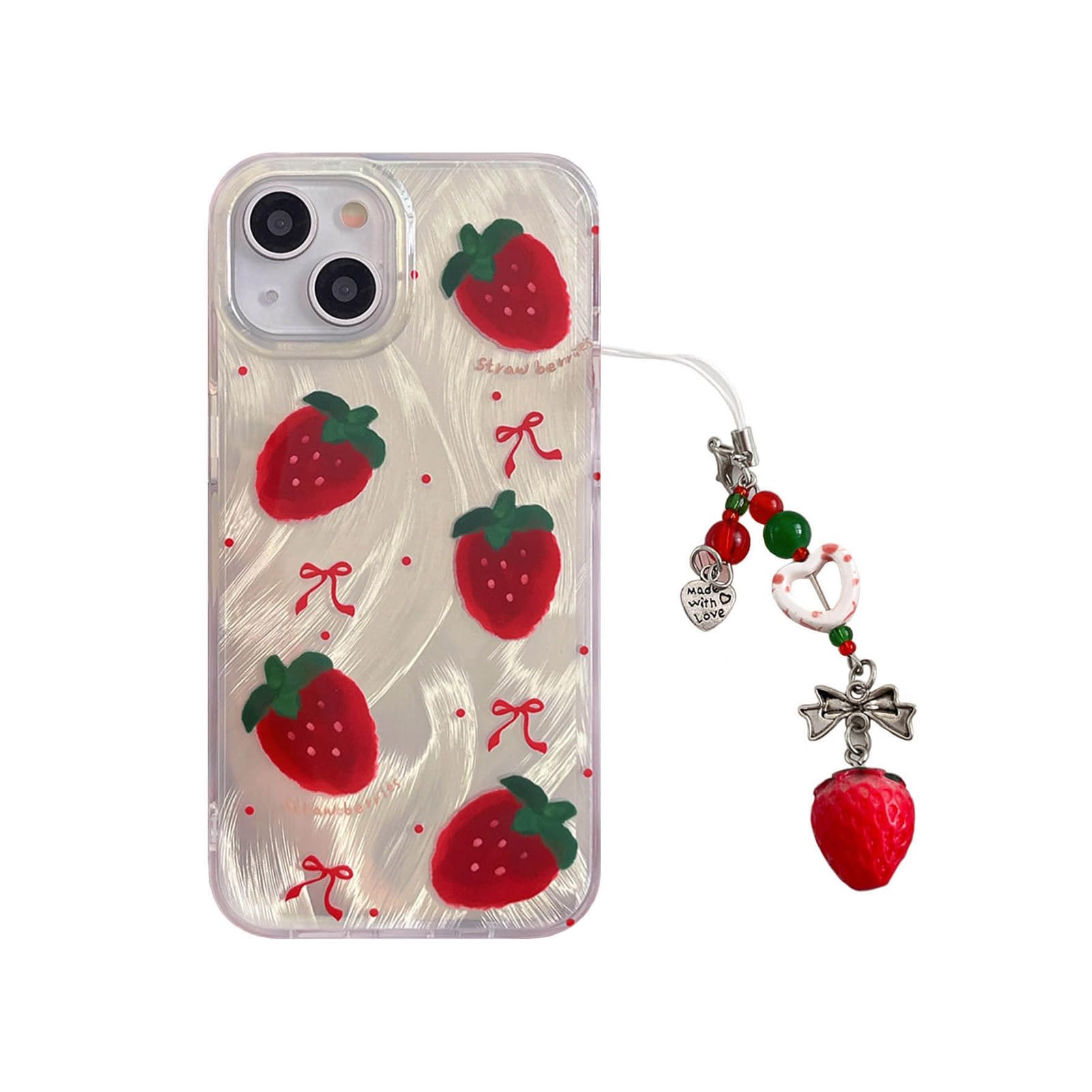 Tewwsdi Cute Glitter Strawberry Phone Case with Charm for iPhone 15,Kawaii Polka Dot Design Aesthetic Fruit Summer Phone Cases Girly Women，Never Fade ，1.5mm Raised Edges Protect (with Charm,6.1”)
