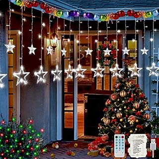 Hezbjiti Star Curtain Lights, 12 Stars Window Lights, 12 Modes Star Fairy Lights, Sync with Music & Timer Eid Decorations for Indoor Outdoor Bedroom Garden Birthday Party Wedding Holiday (Cool White)