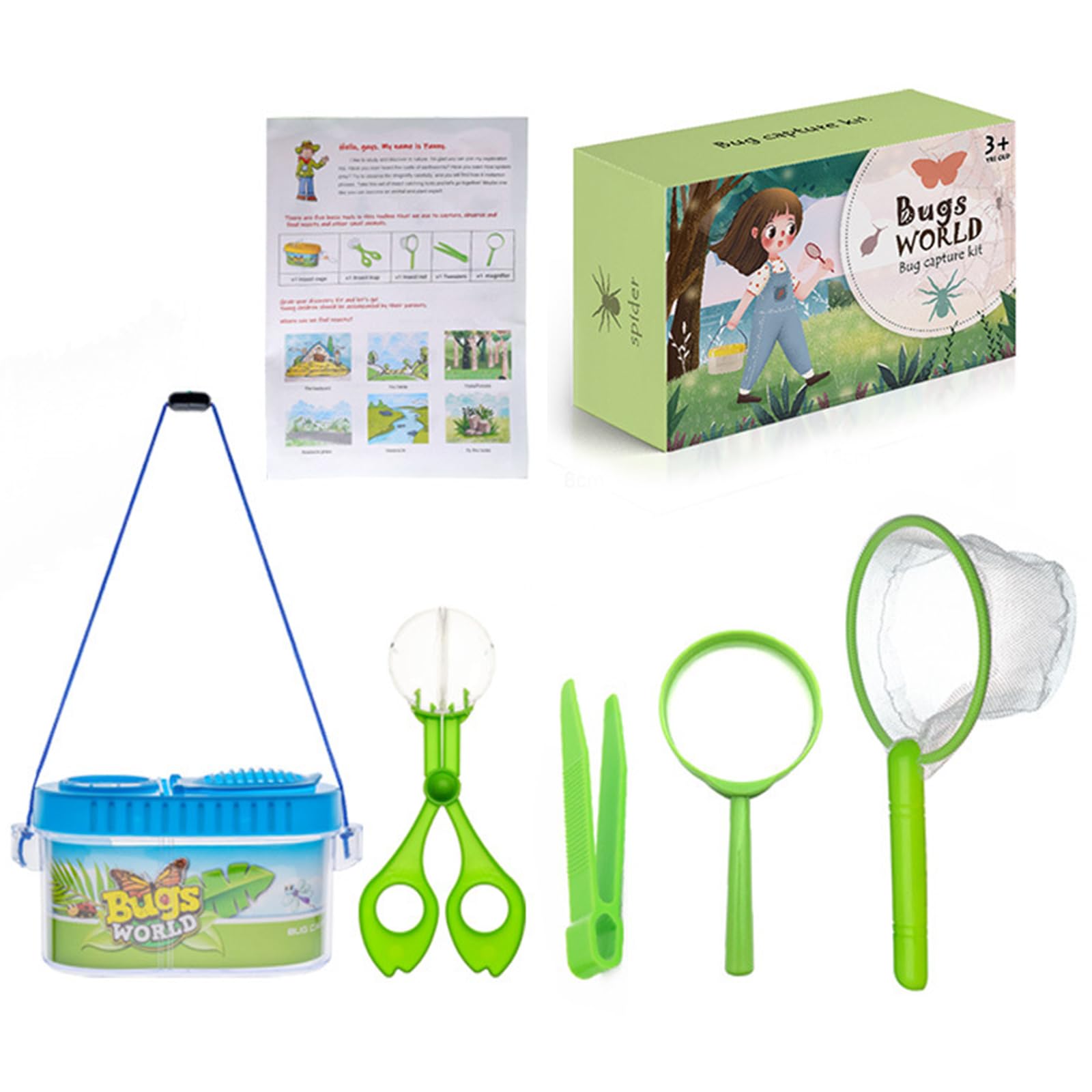 5 Pcs Outdoor Explorer Kit for Kids Kids Toys Adventure Kit with Insect Observation Box Insect Catching Kit Exploration Insect Observation Box Insect Scissors,net,Tweezer,Magnifying Glass (Color B)