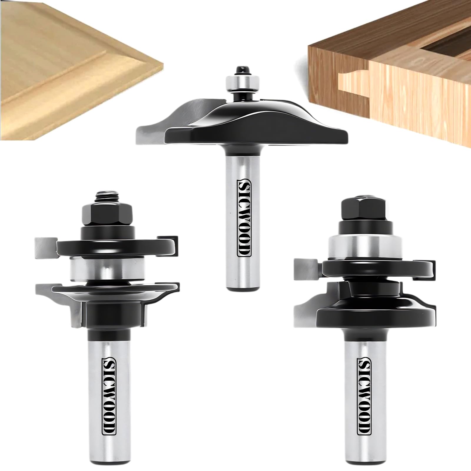 SICWOOD 3PCS Cabinet Door Raised Panel Router Bits Set 1/2 Shank, Carbide Woodworking Tools, for Making Door & Window Frames, (Tenon Joint Cutter