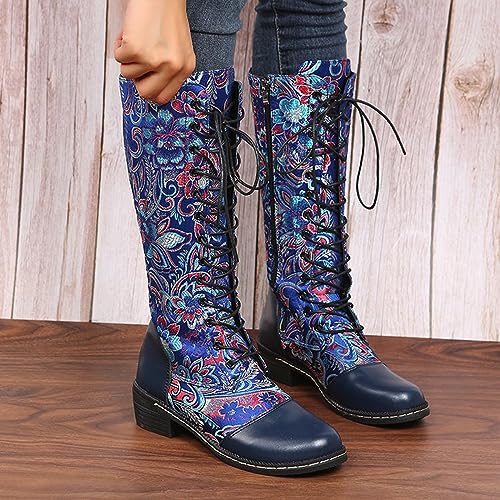 Traveltopp Women's Embroidered Lace up Knee High Cowgirl Boots Retro Ethnic Style Low Heel Mid Side Zipper Western Cowboy Mid Calf Boots4