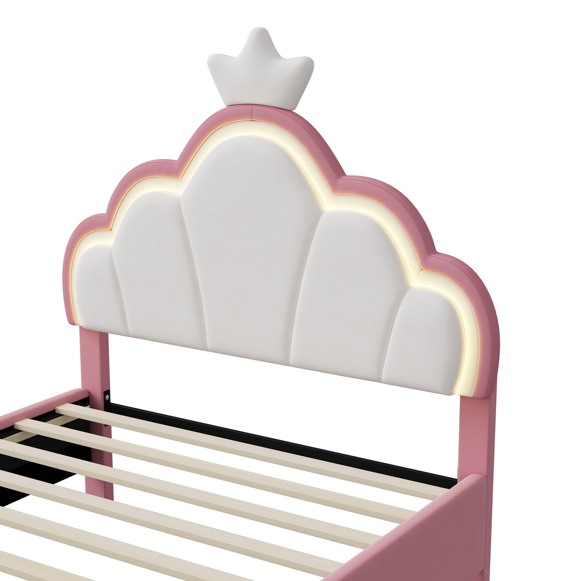 Cama infantil tapizada, 90 x 200 cm, cama infantil con LED, estructura individual de corona con somier, cabecero ajustable, tela aterciopelada (rosa, blanco y tela de terciopelo, 90 x 200)