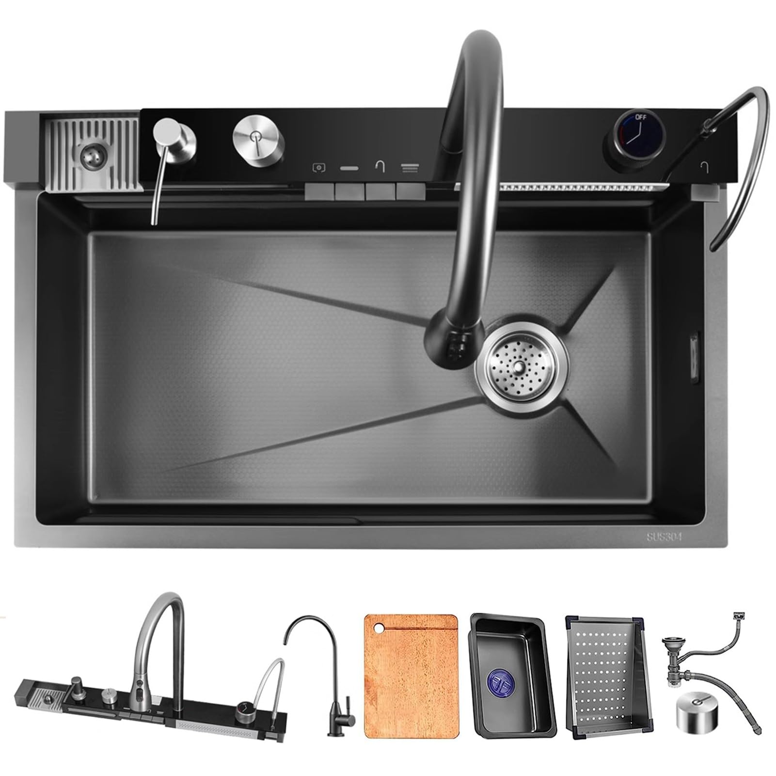 WIQUYBML 29.5'' Kitchen Sink,304 Stainless Steel Single Bowl Workstation Sinks Double Waterfall Sink with LED Temp Display