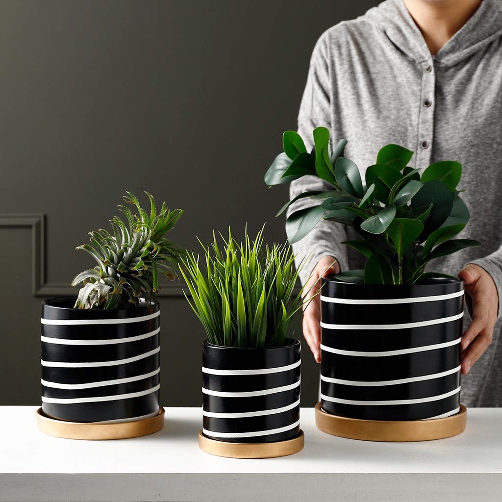 Pots de fleurs en céramique TRAHOO - Rectangulaires avec plateau