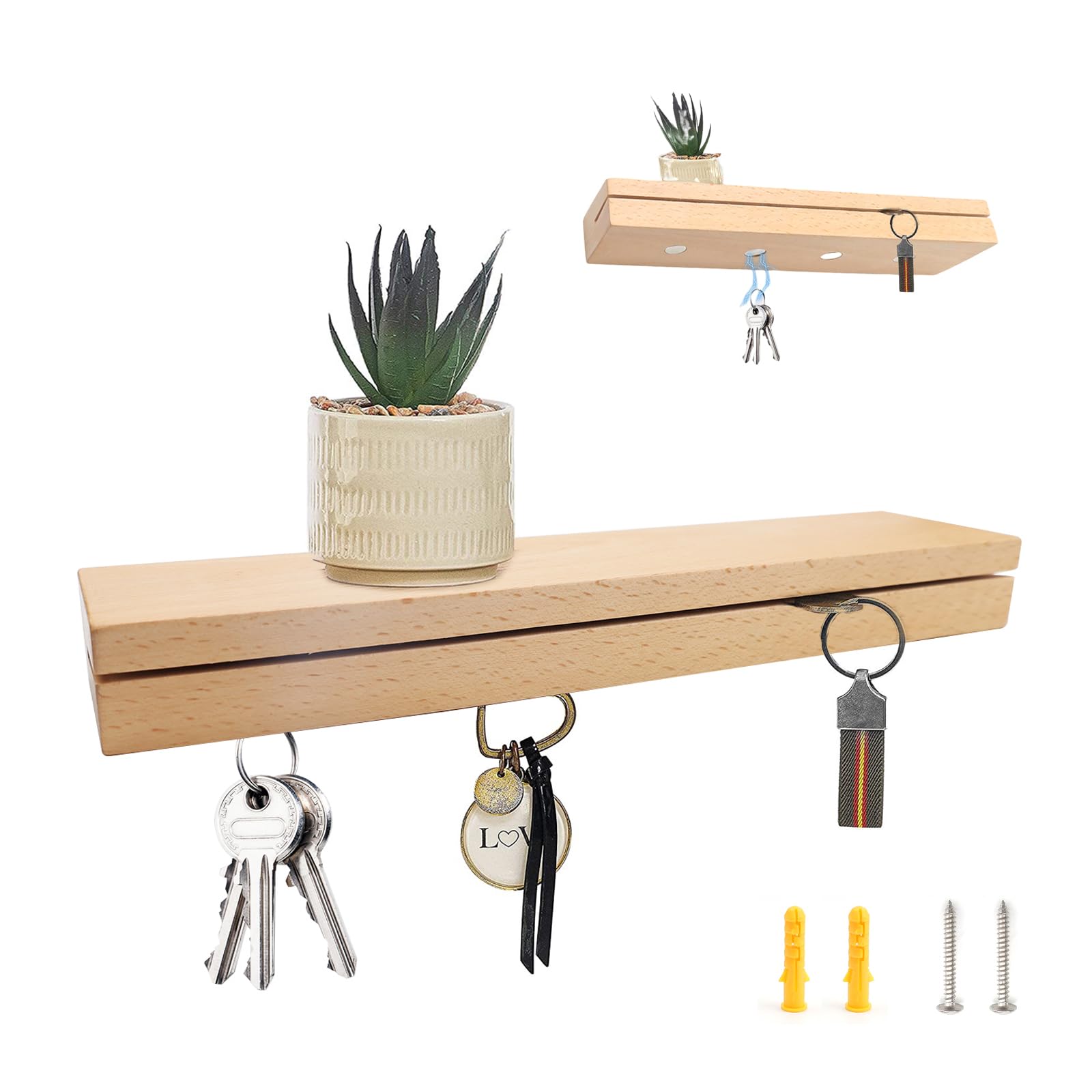 Organizador de llaves con estante, 4 ganchos magnéticos, soporte para llaves de madera, accesorio de llaves facilitado, almacenamiento de llaves más, moderno organizador de pared