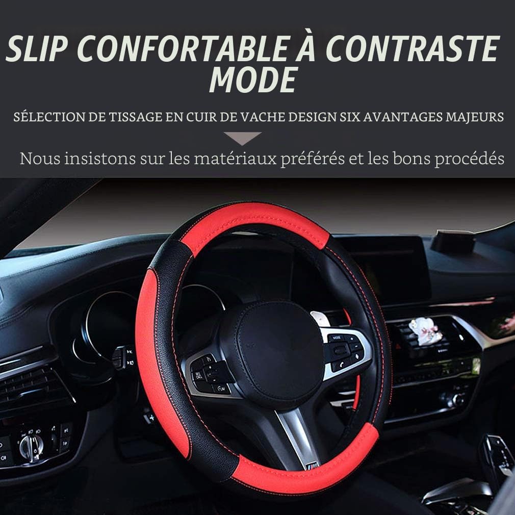Couvre Volant Voiture en Cuir PU Durable, Universelle 38 cm, Cache Volant Voiture Respirant et Antidérapant pour Homme et Femme (Noir Blanc-3)