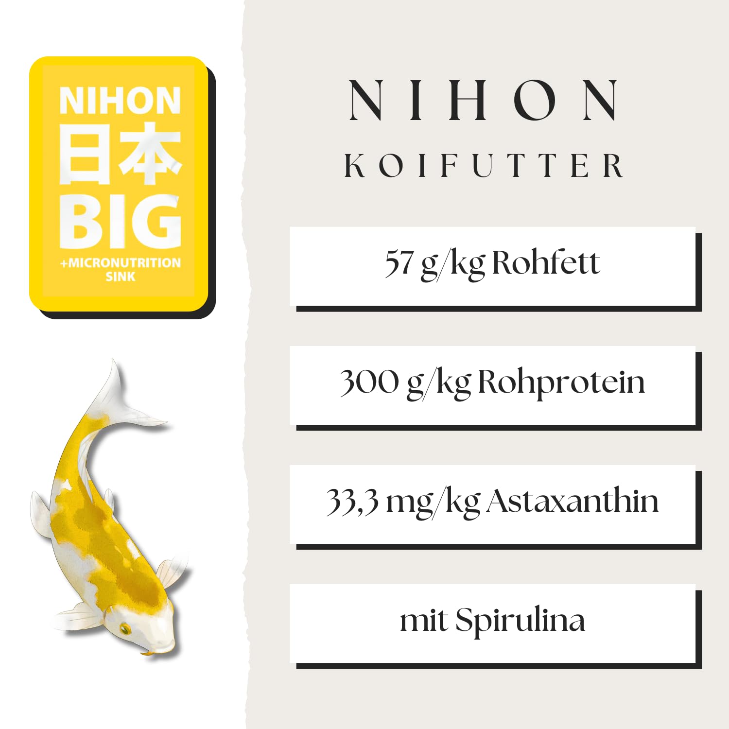 NIHON Hokovit Comida Koi Big Sink – Comida hundida para todo el año para Koi & Carpa – con espirulina y astaxantina – promueve un crecimiento sano y desarrollo de color – 4,5 mm – 5 kg