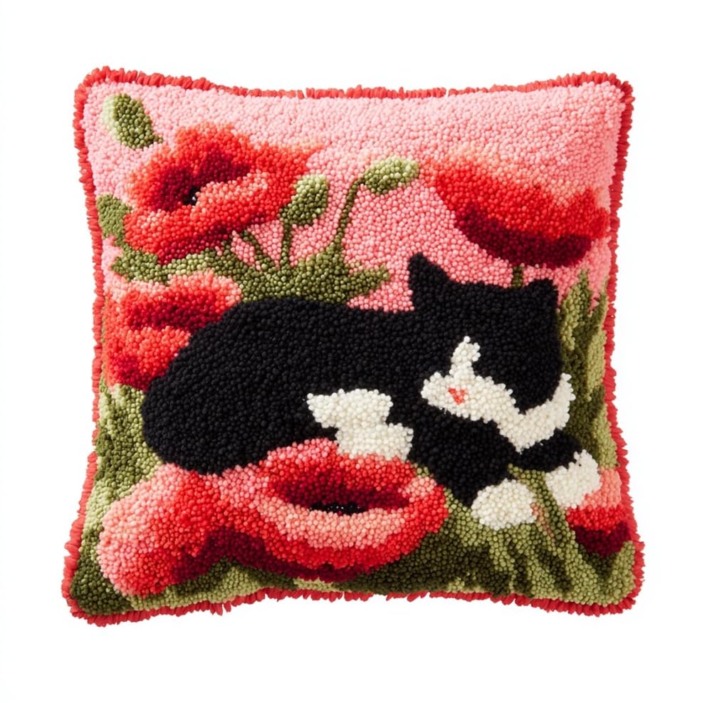 Taxpy Latch Hook Kits Pillow Cat and Poppies 17X17In