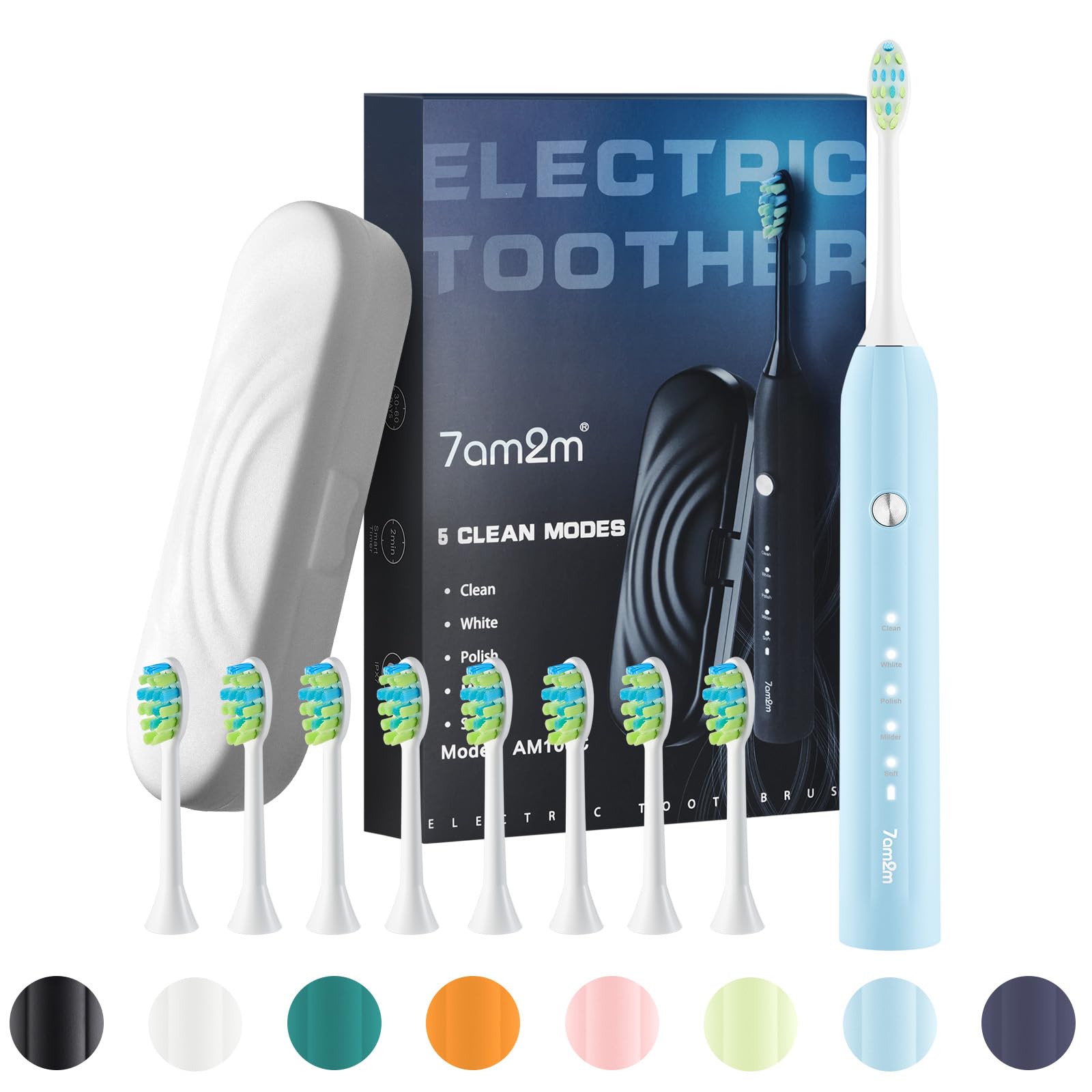 7AM2M Sonic Electric Toothbrush for Adults and Kids, with Travel Case & 8 Brush Heads, 5 Modes with 2 Minutes Build in Smart Timer, Roman Column Handle Design (Light Blue)