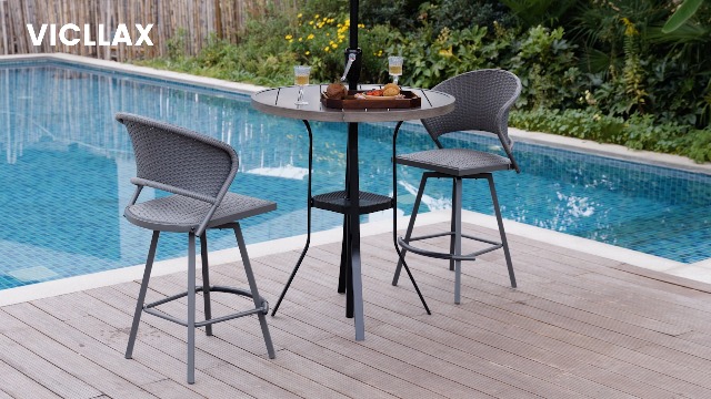 VICLLAX 3 Pieces Outdoor Patio Bar Set, Round Bar Height Table with Umbrella Hole and 2 Textilene Chairs for Lawn, Garden, Poolside, Walnut : Patio, Lawn & Garden