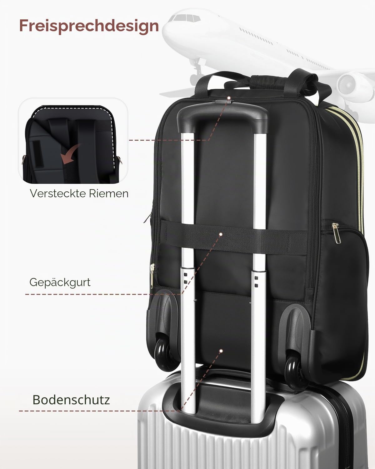 Ponhog Rucksack mit Rollen für Damen - 16 Zoll Business Laptop Trolley & Reiserucksack als Handgepäck, Laptoptasche für Arbeit, College und Reisen, Schwarz