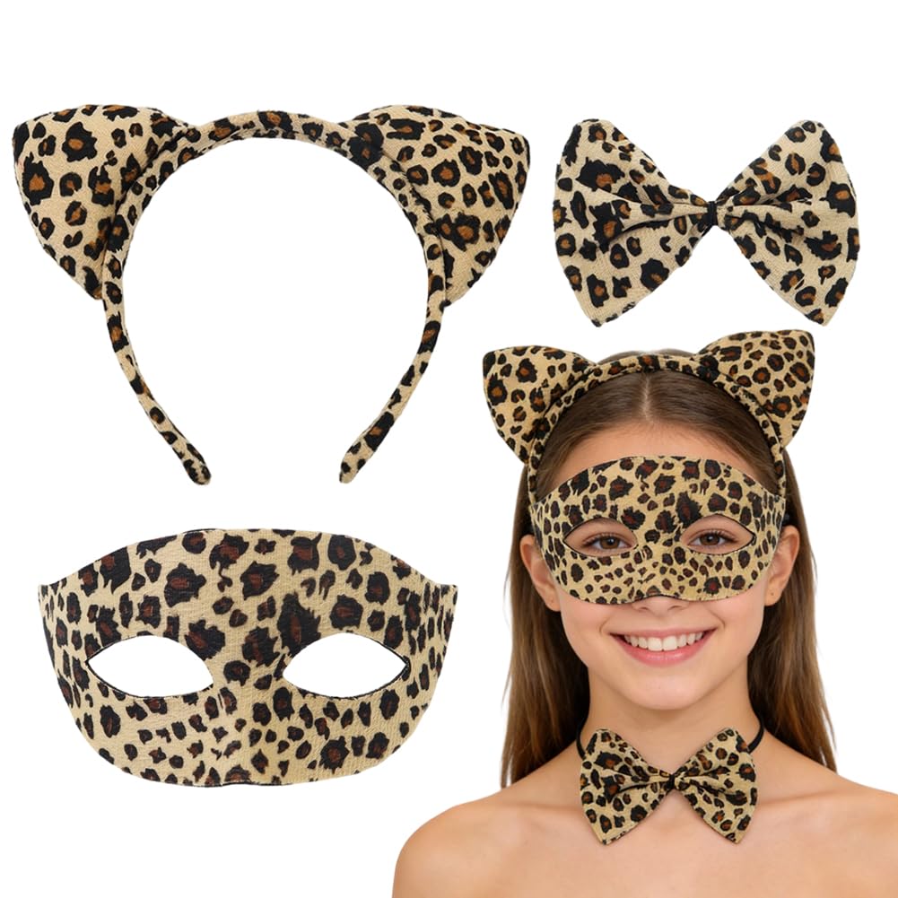 PyrrlicToy Leopard Half Face Mask Cat Ear Hairband Bow Tie Set Leopard Print Mask Leopards Ears Headband Leopards Print Bow Tie Women's Masquerade Ball Fancy Dress Costume Party Accessories,3Pcs