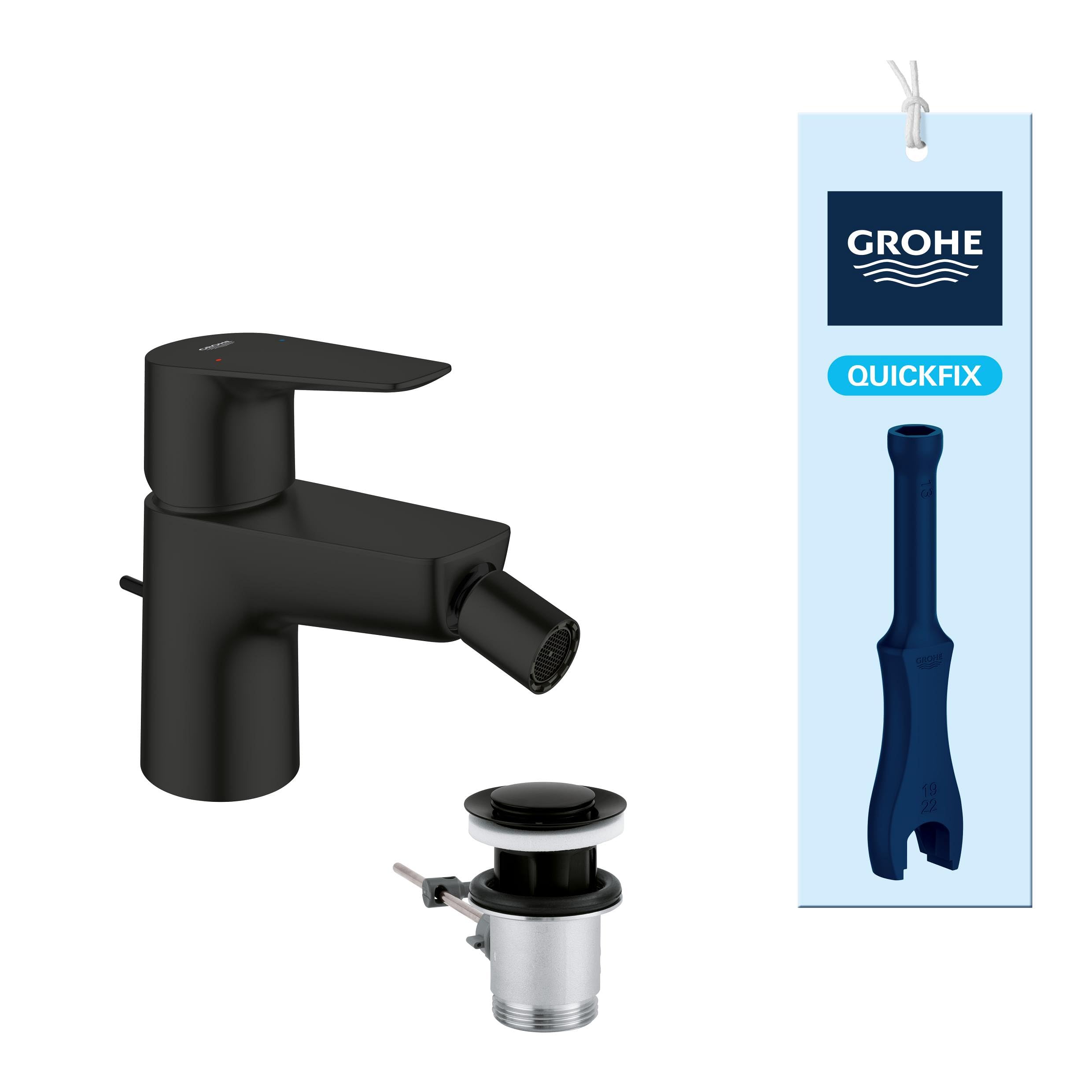 GROHE StartEdge, Bidetarmatur, wassersparend (WC Dusche für die Toilette im Bad, Kugelgelenk-Mousseur, mit Zugstangen-Ablauf, 13cm hoch, inkl 3in1 Tool, einfache Installation), mattschwarz, 233452431
