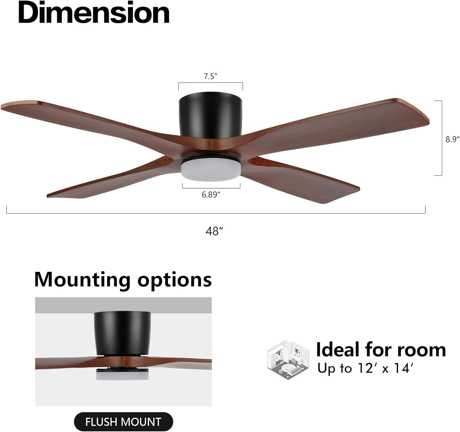 Ceiling fan dimensions and flush mount option