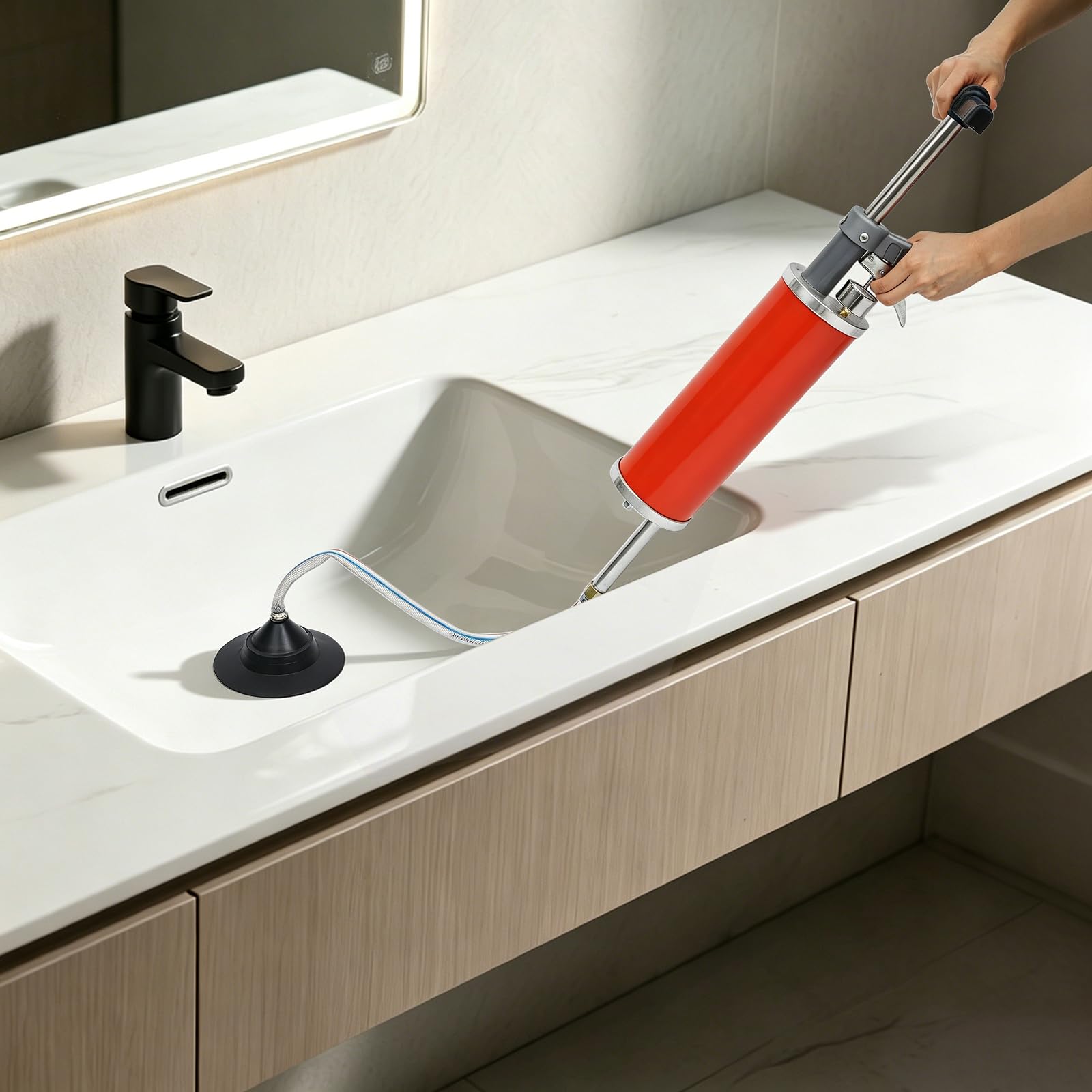 Limpiador de tuberías neumático con aire comprimido, desatascador manual de alta presión 0,7 MPa con 2 boquillas, apisonador de presión de aire para inodoro y lavabo