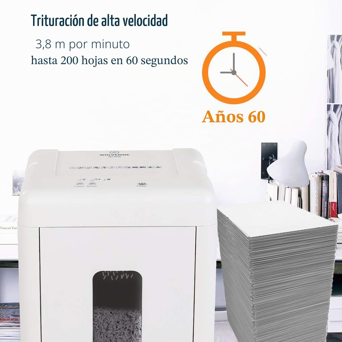 WOLVERINE SD9520 Destructora P5 súper microcorte, 15 Hojas, ultrasilenciosa, Blanco