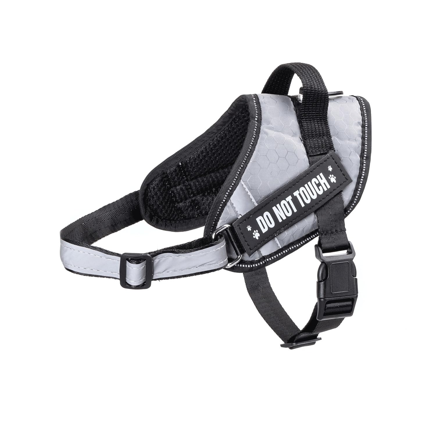 Adjustable padded dog harness with reflective straps and safety anchor; ideal for comfortable and controlled walks.