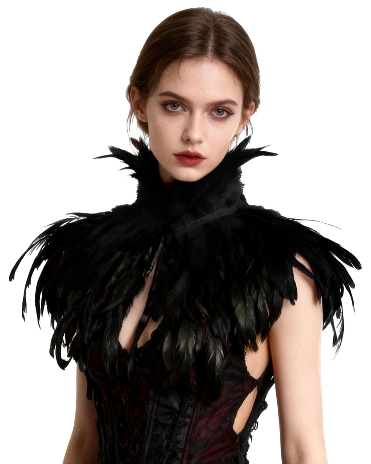 keland Gothic Victorian Natural Feather Shrug Cape Shawl Poncho with Choker Collar Black (Nero)