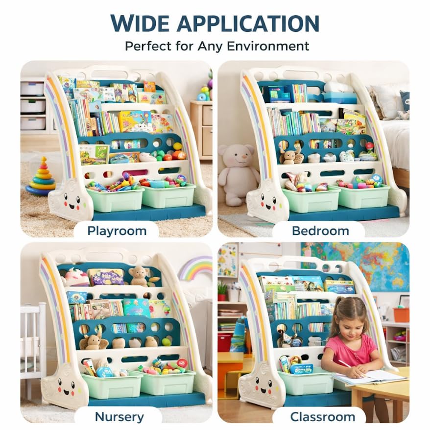 Image of 2 in 1 book shelf Cabinet for kids with toy organizers storage box for Home front facing display Storage bookshelf Rack for kid , 4‑Tier book shelves for kids with Storage Bin for Playroom Montessori