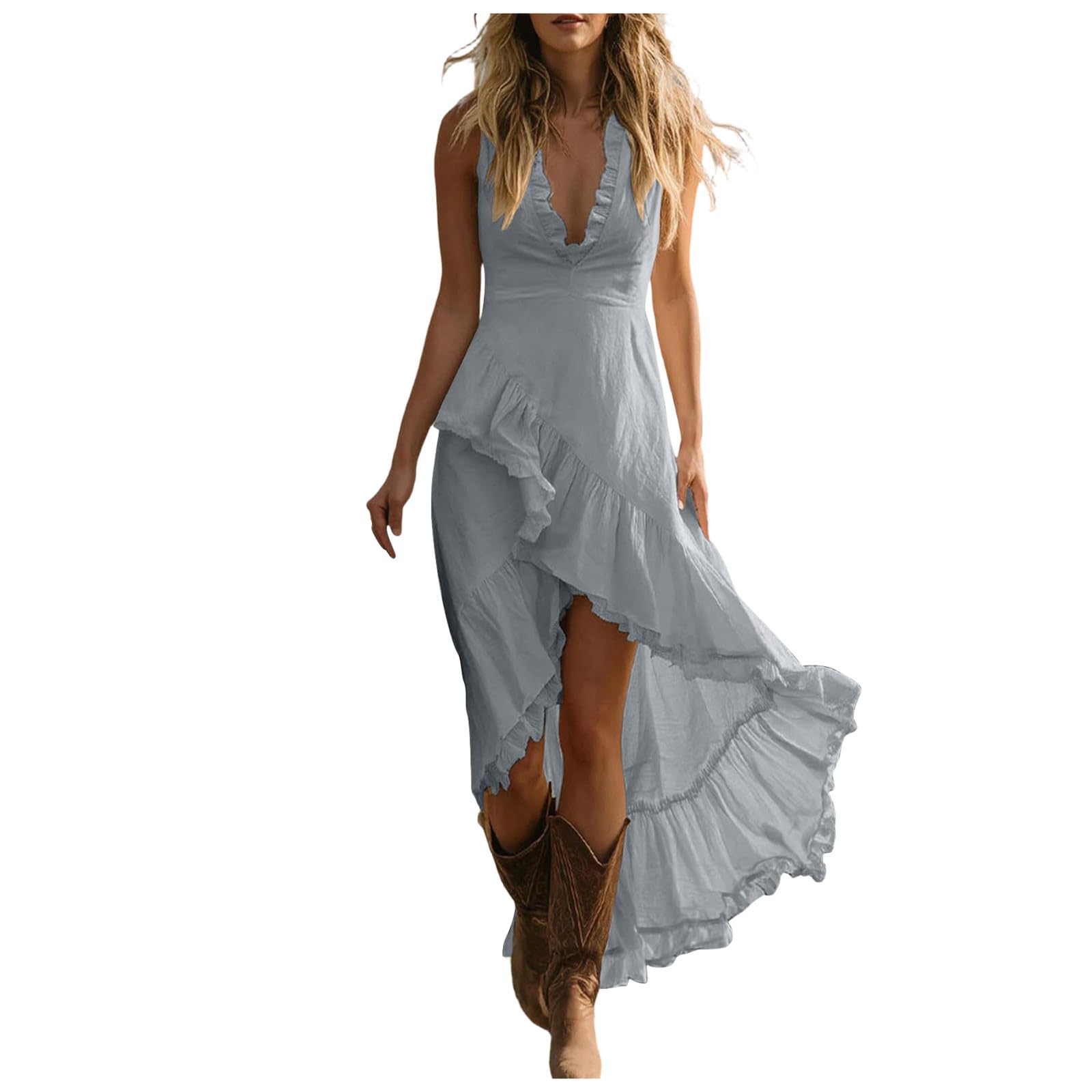 Vestidos Verano Mujer sin Mangas Vestidos Casual Cuello En V Profundo Dobladillo con Volantes Lino Vestido Largo Asimétrico Transpirable Ligero Boho Fiesta Playa Vacaciones