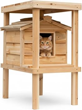 Wooden Cat House for Outside Cats, Insulated Shelter with Platform and Loft