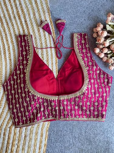 Image of TRENDMALLS Women's Dhupion Silk Embroidery Sequence Work V Neck Sleeveless Blouse Choli Stylish Saree Blouse Ready to Wear