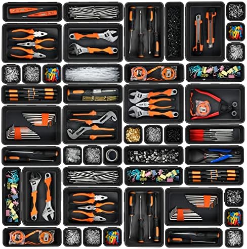A-LUGEI【𝟯𝟮𝗣𝗰𝘀】【Black】 Tool Box Organizer Tray Divider Set, Desk Drawer Organizer, Garage Organization and Storage Toolbox Accessories for Rolling Tool Chest Cart Cabinet Work Bench Parts Hardware