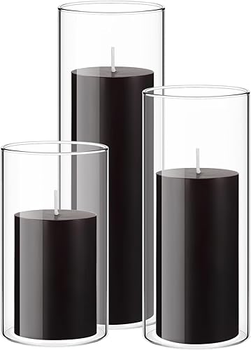 Shihanee Juego de 3 velas de pilar y 3 soportes cilíndricos de vidrio para velas, jarrones transparentes de pilar para centros de mesa de boda Negro