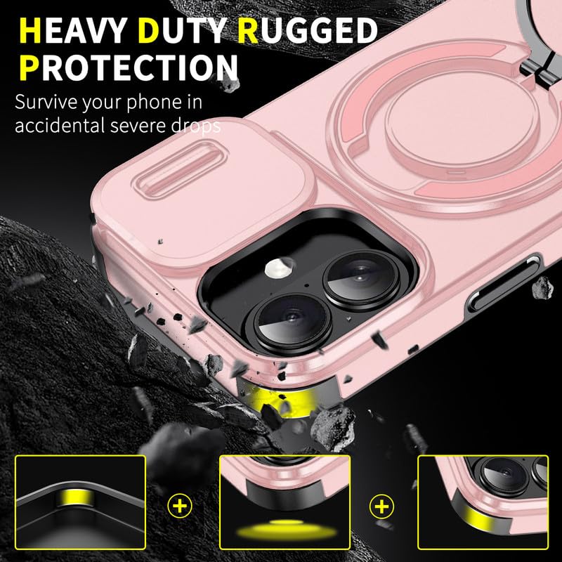 Image of LuxuryKase Shockproof Rugged Case for iPhone 17 | Slide Camera Cover | 360 Rotating Ring Kickstand | Military-Grade Protection - Rose Pink