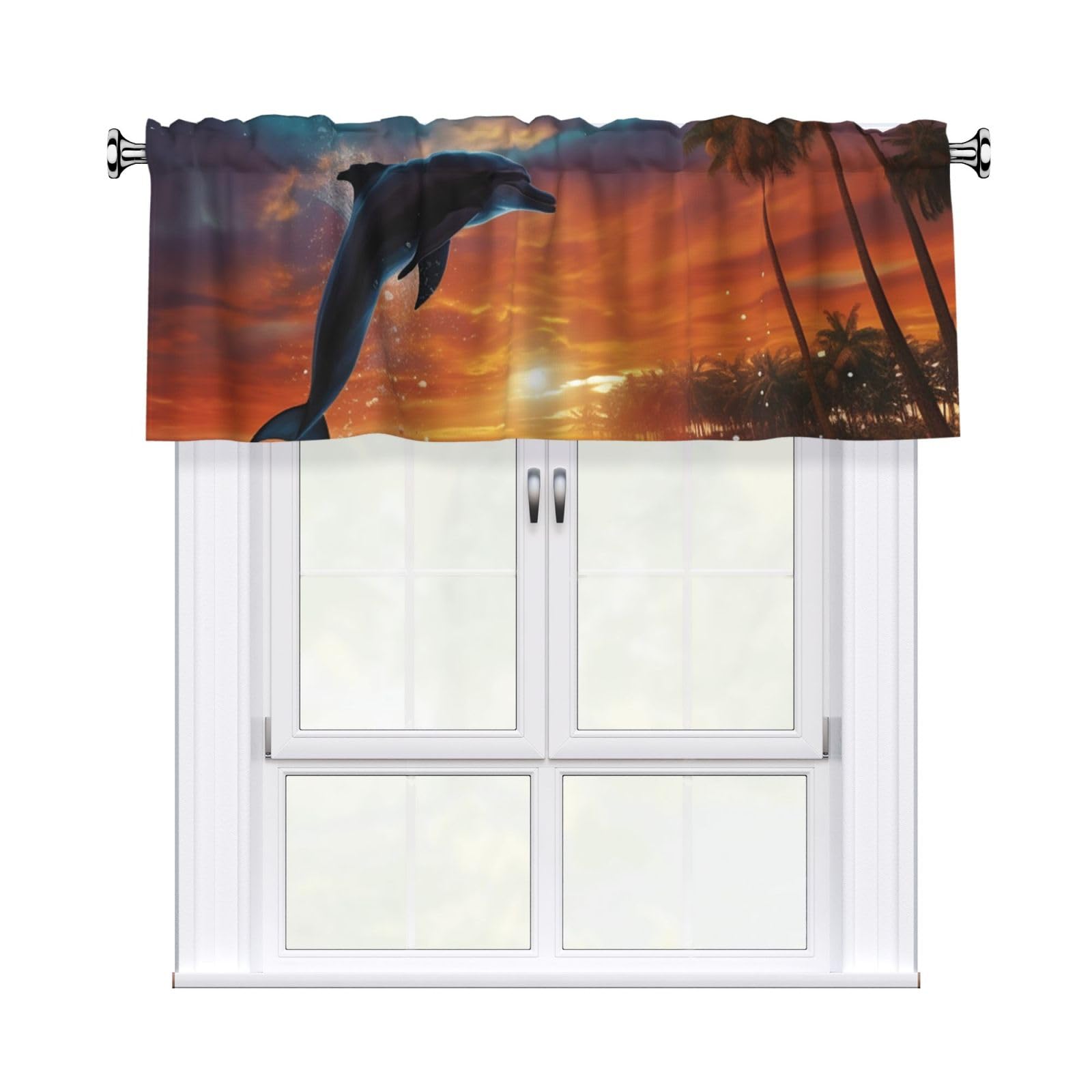 FekiLoot Dolphins and Palm Trees Curtain Valance for Windows, Kitchen Window Valances Rod Pocket Window Treatments Short Curtains Drapes for Bathroom Bedroom Cafe Decor 54x18inch 1 Panel