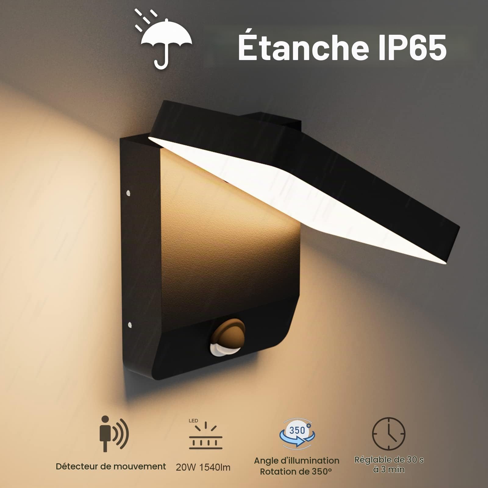 K-Bright Luminaire exterieur avec detecteur de mouvement, applique murale d'extérieur angle d'éclairage réglable 20W 1540lm 3000K lumière blanche chaude IP65 Applique Murale noir(rectangle)