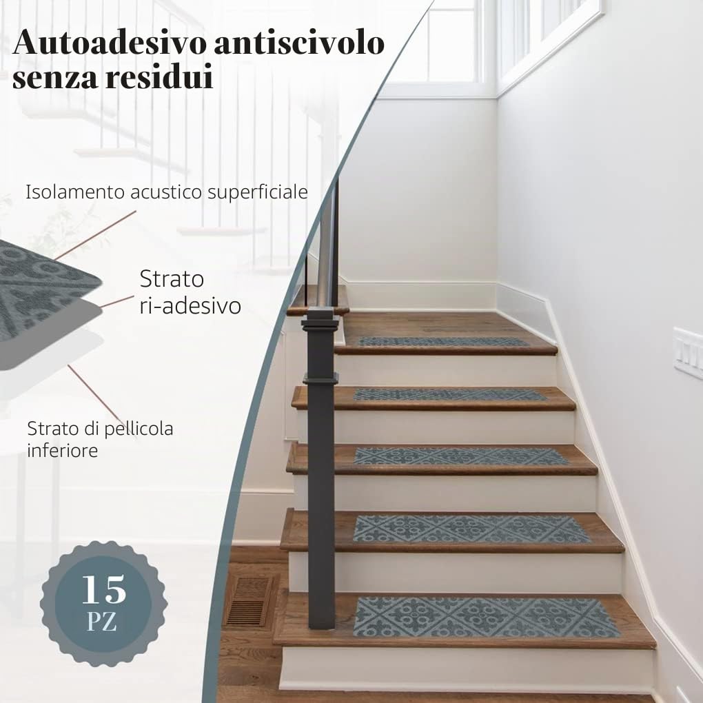 Arthome Tappeti per Scale 15 Pezzi 20x76cm per Gradini Legno, Tappetini Antiscivolo Sicurezza per animali domestici, anziani e bambini, Adesivi Antiscivolo per Moquette (Grigio Goffrato)