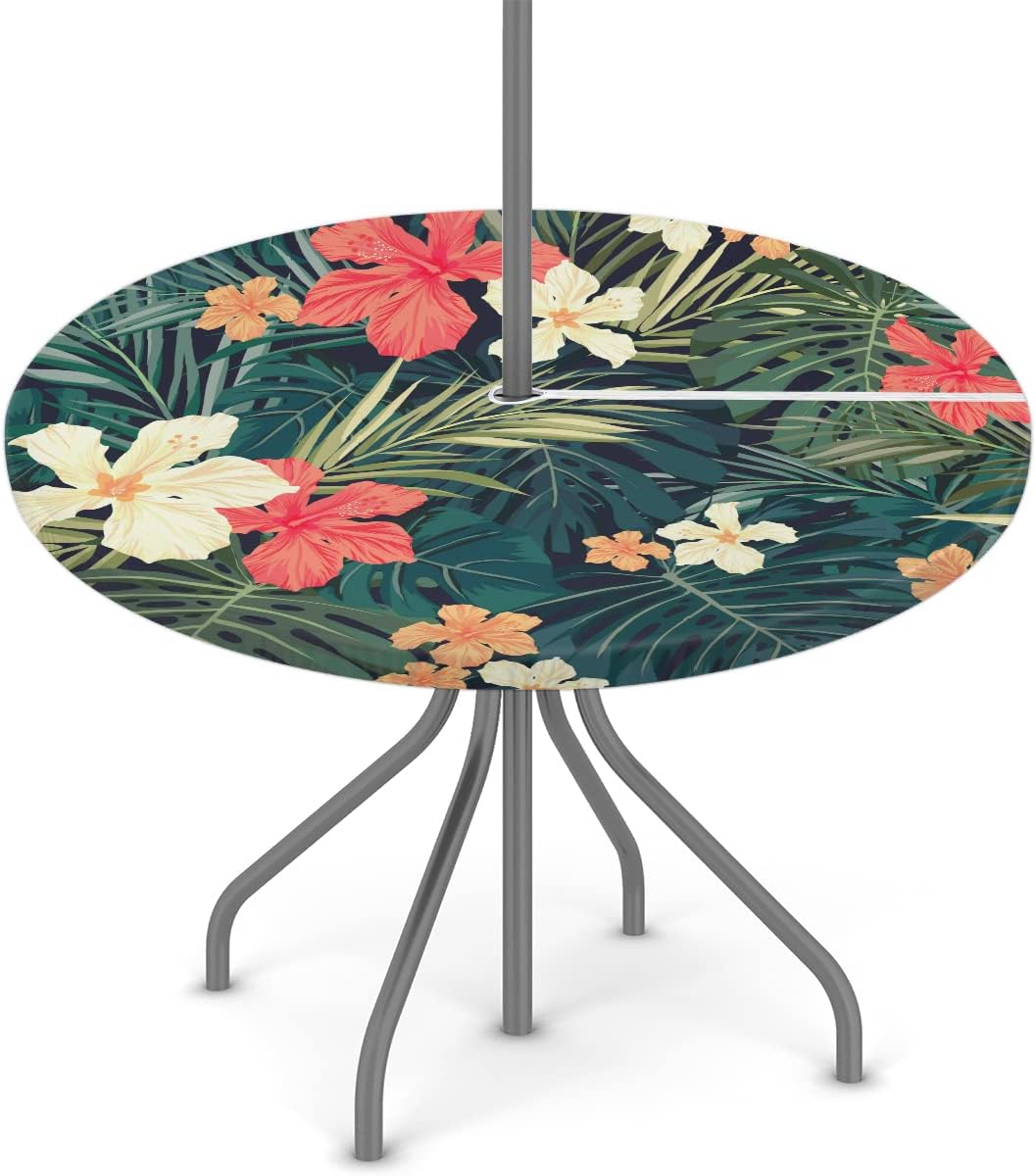 Round Fitted Tablecloth with Umbrella Hole Poppy Palm Leaf