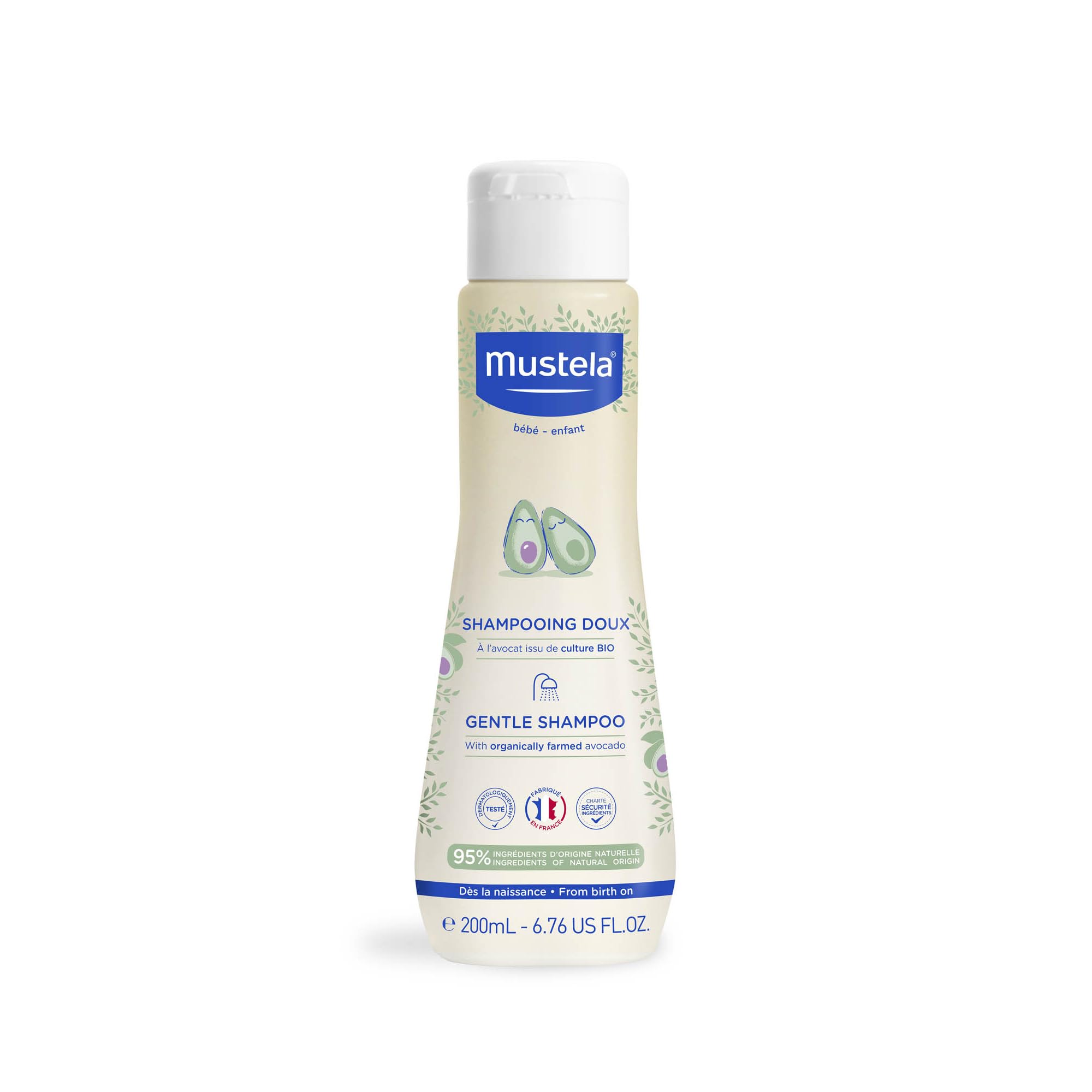 Mustela Shampoo Dolce al Perseose di Avocado BIO e Camomilla, Corpo e Capelli, Neonati, Bambini, Tutta la Famiglia - Evita la Formazione dei Piccoli Nodi, Non Brucia (200ml)