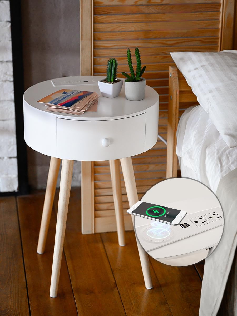 Round Side Table with Charging Station - Night Stand with Outlets, USB Ports, Wireless Charger & Storage Drawer, Bedside Nightstand for Bedroom, End Table for Living Room with Solid Wood Legs (White)