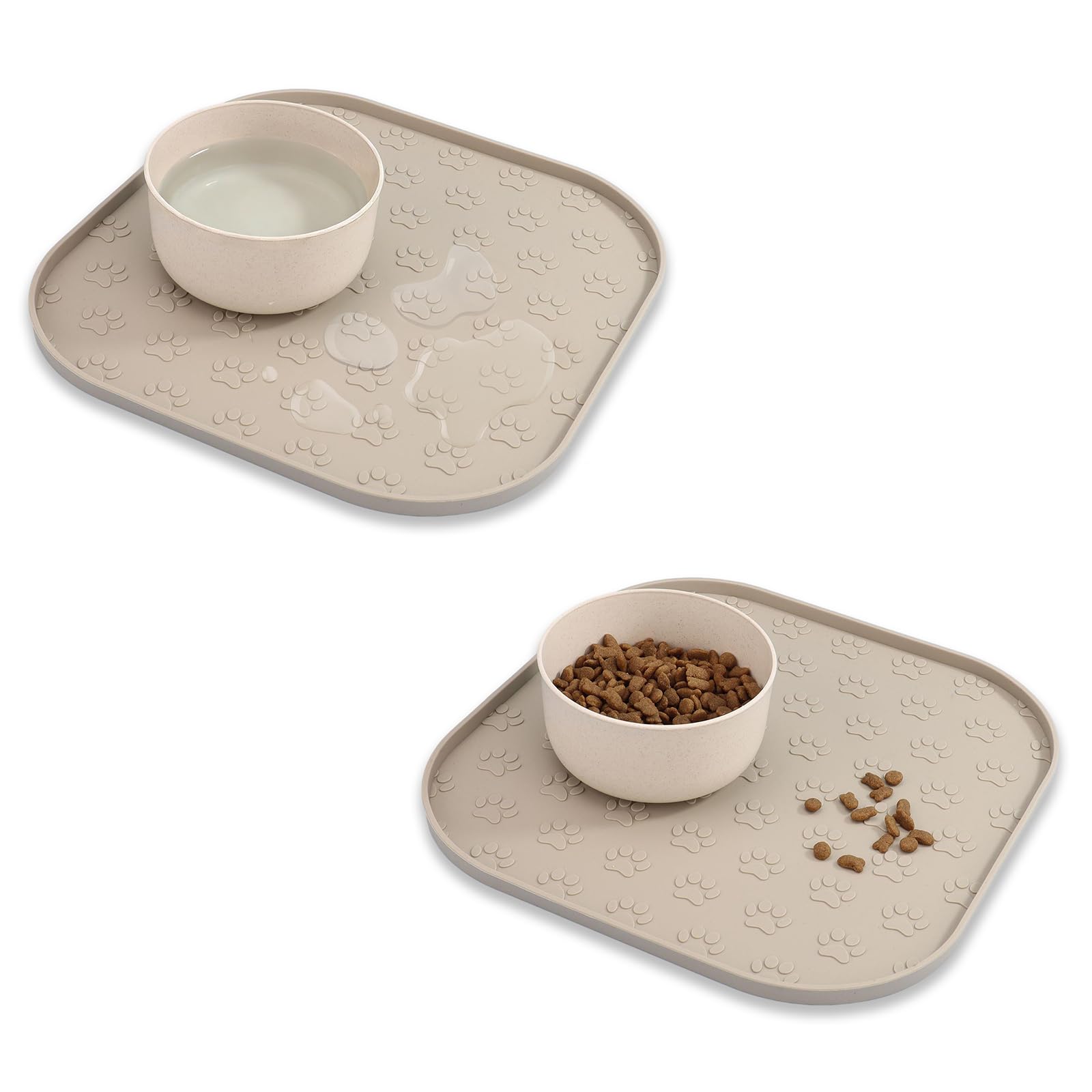 2 Pack Pet Feeding Mat, Waterproof Anti-slip Placemats for Dog Cat Bowl Silicone Pet Food Mat, Raised Edge Prevent Spills on Floor & Carpet, Dishwasher Safe (2 Beige, 28cm x 28cm)