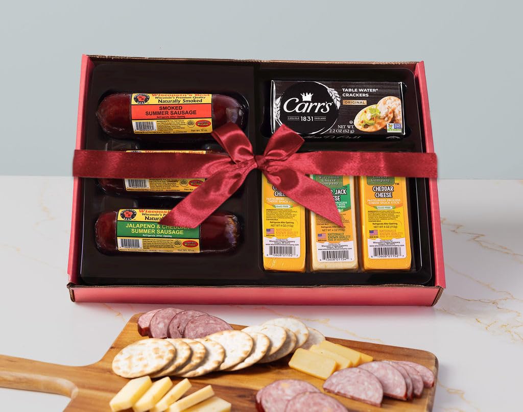 Wisconsin Cheese Company - Deluxe Holiday Cheese & Sausage Gift Box - 100% Wisconsin Cheese, Cracker & Summer Sausage Gift Box | Perfect for Parties, Charcuterie Boards, and Holiday Gifts