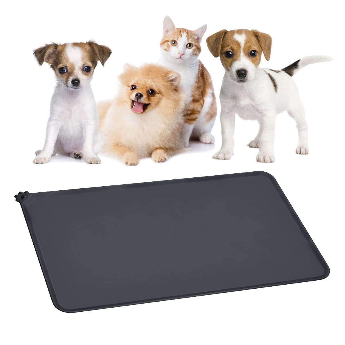 YUDISEN Dog and Cat Silicone Food Mat, 19''x12'' Waterproof Pet Placemat and Non Slip Silicone Pet Feeding Mat for Food and Water Bowls, Feeding Tray To Keep Your Floor Clean (Black)