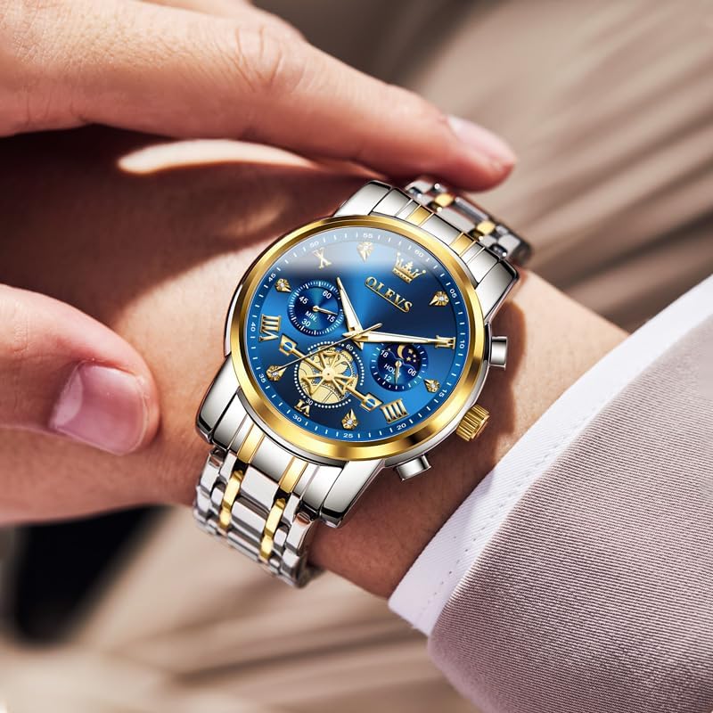OLEVS Watches Men Stainless Steel Chronograph Watch Luxury Big Face Man Dress Watches Waterproof Roman Numeral Analog Quartz Men Wrist Watch Diamond Relojes para Hombre(Silver/Black/Gold/Red/Blue) - Image 3