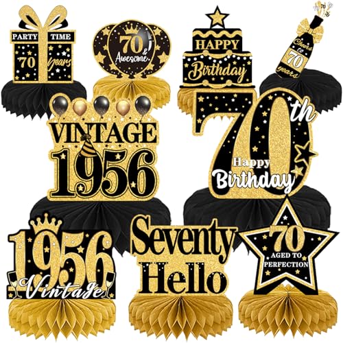 Image of 70th Birthday Decorations Men - 9PCS Vintage 70th Birthday Party Table Decorations for Women Black Gold Table Topper Honeycomb Centerpiece Supplies Seventy Year Old Birthday Party